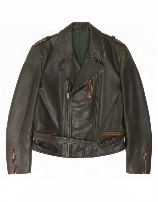 Vintage Mens Motorcycle Leather Biker Jacket UK 36 Small Khaki