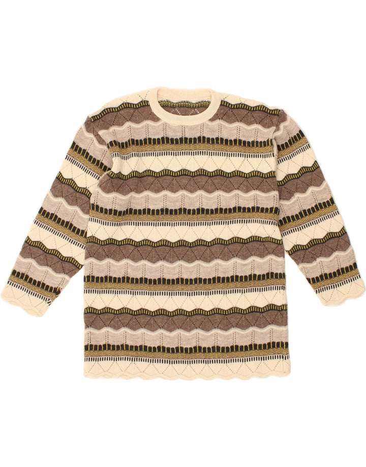 VINTAGE Womens Crew Neck Jumper Sweater UK 14 Medium Beige Striped Vintage Vintage and Second-Hand Vintage from Messina Hembry 