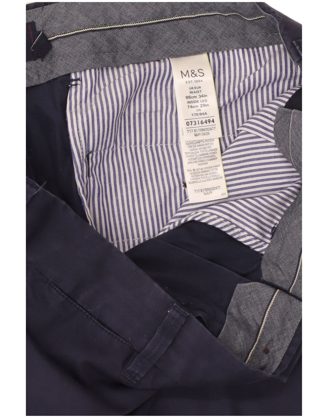 Marks & Spencer Mens Cropped Trousers W34 L25 Navy Blue Cotton