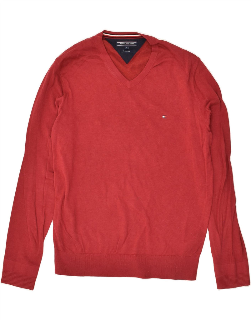 TOMMY HILFIGER Mens V-Neck Jumper Sweater Medium Red Cotton | Vintage Tommy Hilfiger | Thrift | Second-Hand Tommy Hilfiger | Used Clothing | Messina Hembry 