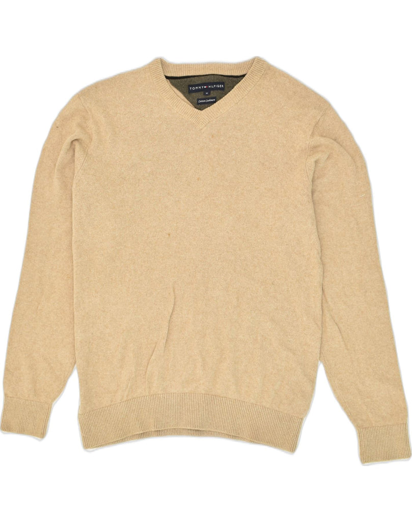 TOMMY HILFIGER Mens V-Neck Jumper Sweater Medium Beige Cotton | Vintage Tommy Hilfiger | Thrift | Second-Hand Tommy Hilfiger | Used Clothing | Messina Hembry 