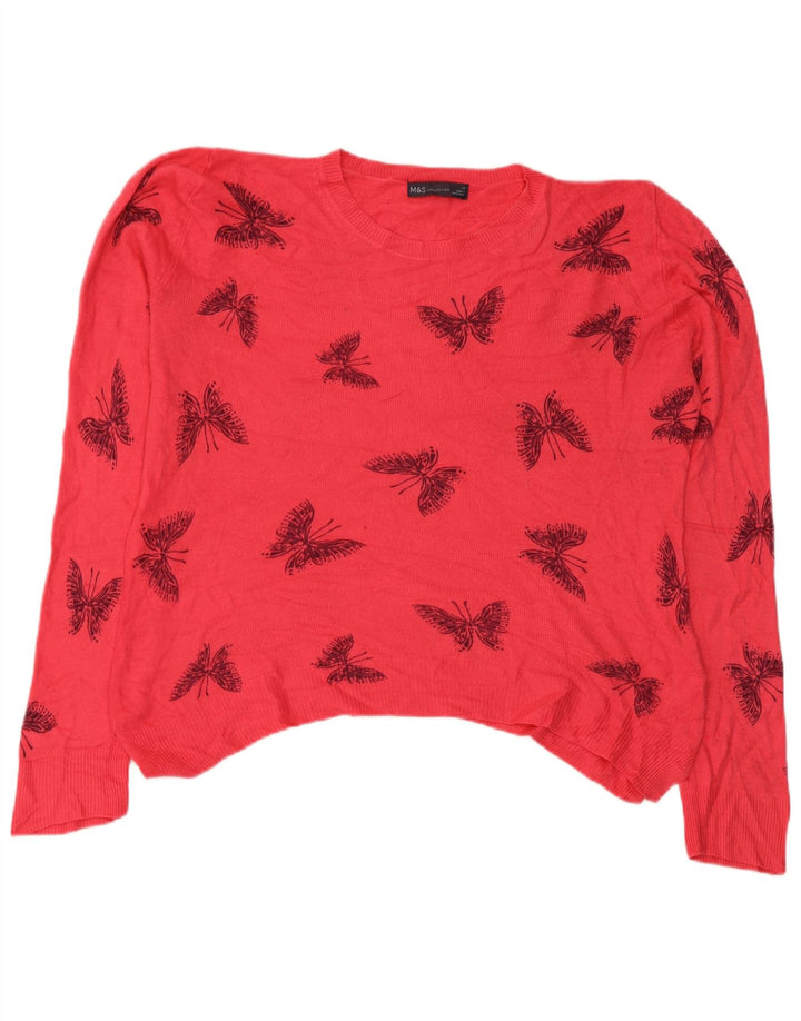 Marks & Spencer Womens Crew Neck Jumper Sweater UK 12 Medium Pink Butterfly