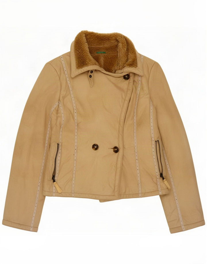 Benetton Womens Double Breasted Sherpa Jacket IT 44 Medium Beige Acrylic