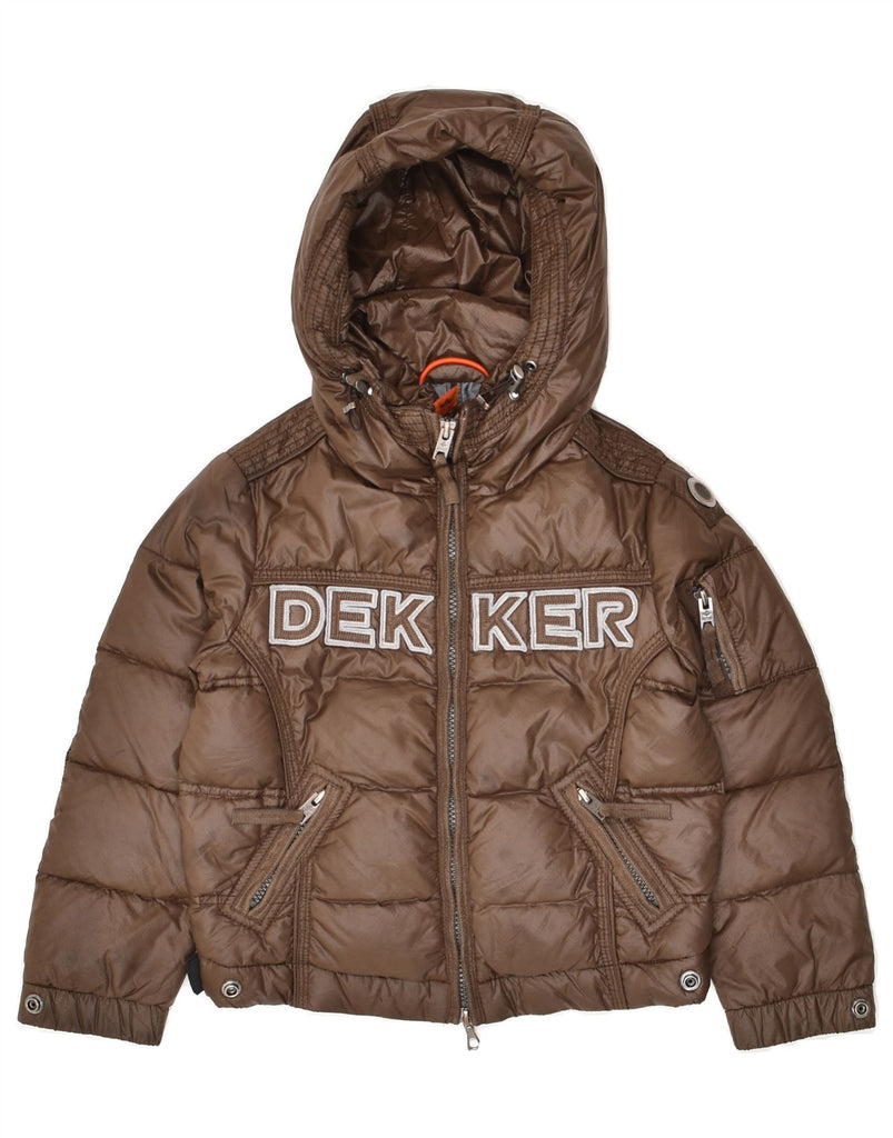 DEKKER Boys Graphic Hooded Padded Jacket 6-7 Years XS Brown Polyamide | Vintage Dekker | Thrift | Second-Hand Dekker | Used Clothing | Messina Hembry 