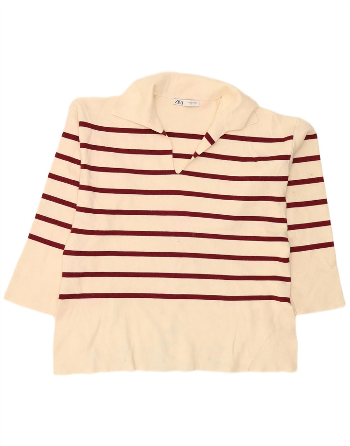 Zara Womens Long Sleeve Oversized Polo Shirt UK 14 Medium Off White Striped