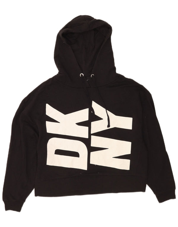 Dkny Womens Graphic Oversized Hoodie Jumper UK 10 Small Black Cotton