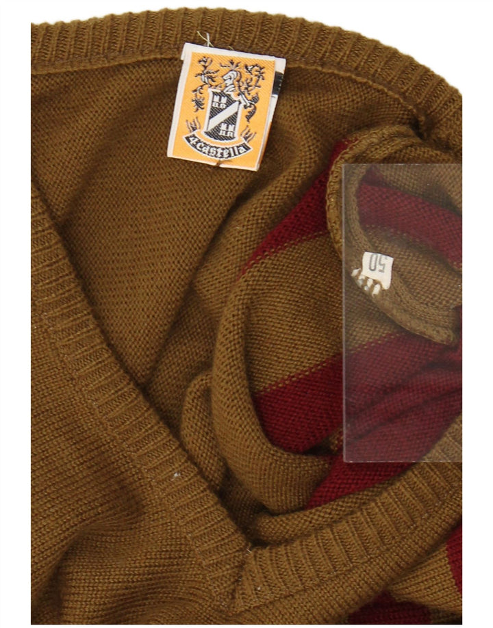 4 CASTELLA Mens V-Neck Jumper Sweater IT 50 Medium Brown Striped Wool