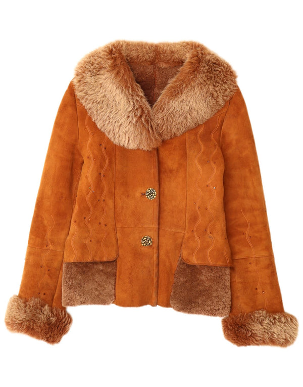Vintage Womens Shearling Jacket UK 12 Medium Brown Leather