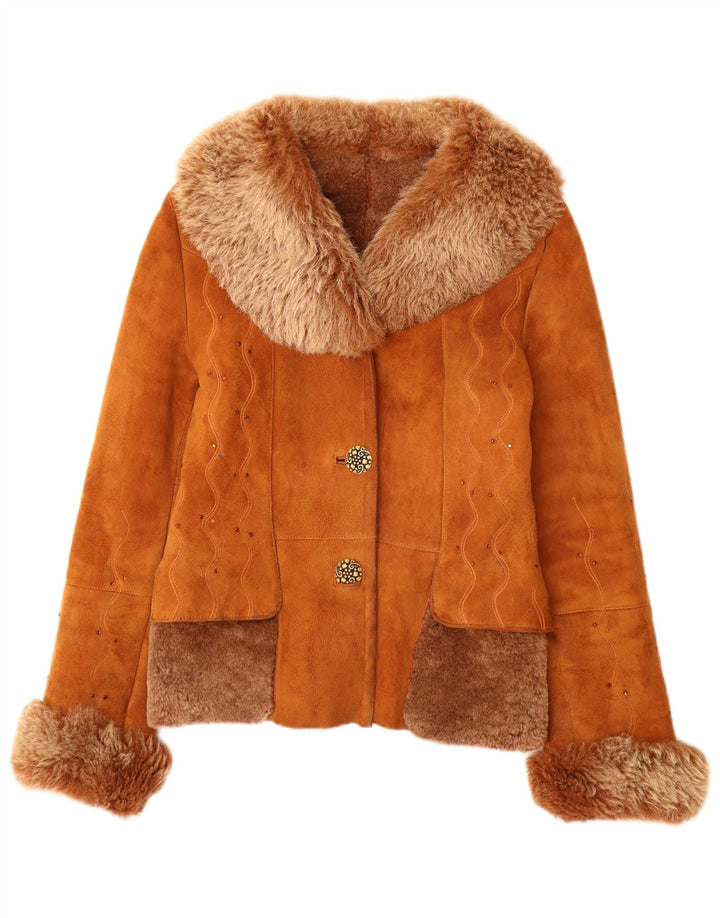 Vintage Womens Shearling Jacket UK 12 Medium Brown Leather