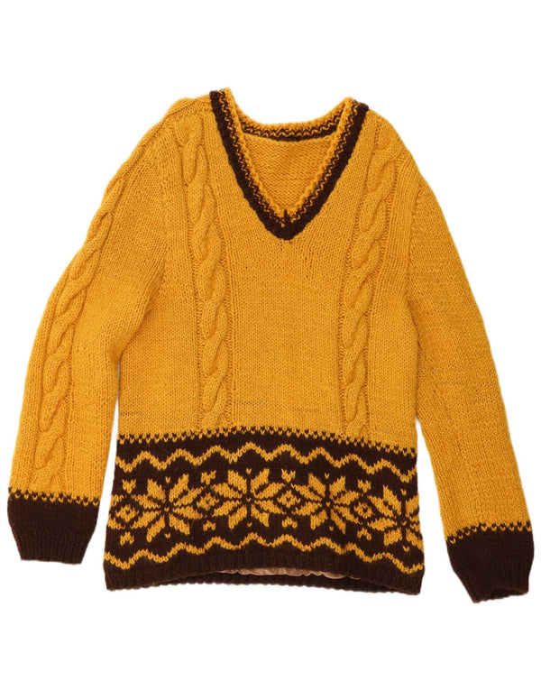 Vintage Womens V-Neck Jumper Sweater UK 14 Medium Yellow Fair Isle