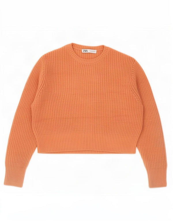 Zara Womens Crop Oversized Crew Neck Jumper Sweater UK 6 XS Orange Acrylic
