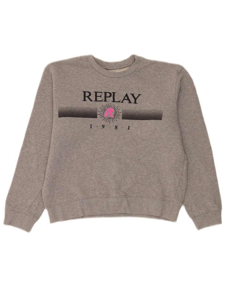 Replay Womens Graphic Oversized Sweatshirt Jumper UK 10 Small Grey Cotton