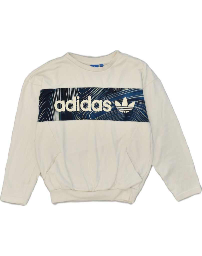 ADIDAS Womens Oversized Graphic Sweatshirt Jumper UK 4 XS White Cotton | Vintage Adidas | Thrift | Second-Hand Adidas | Used Clothing | Messina Hembry 