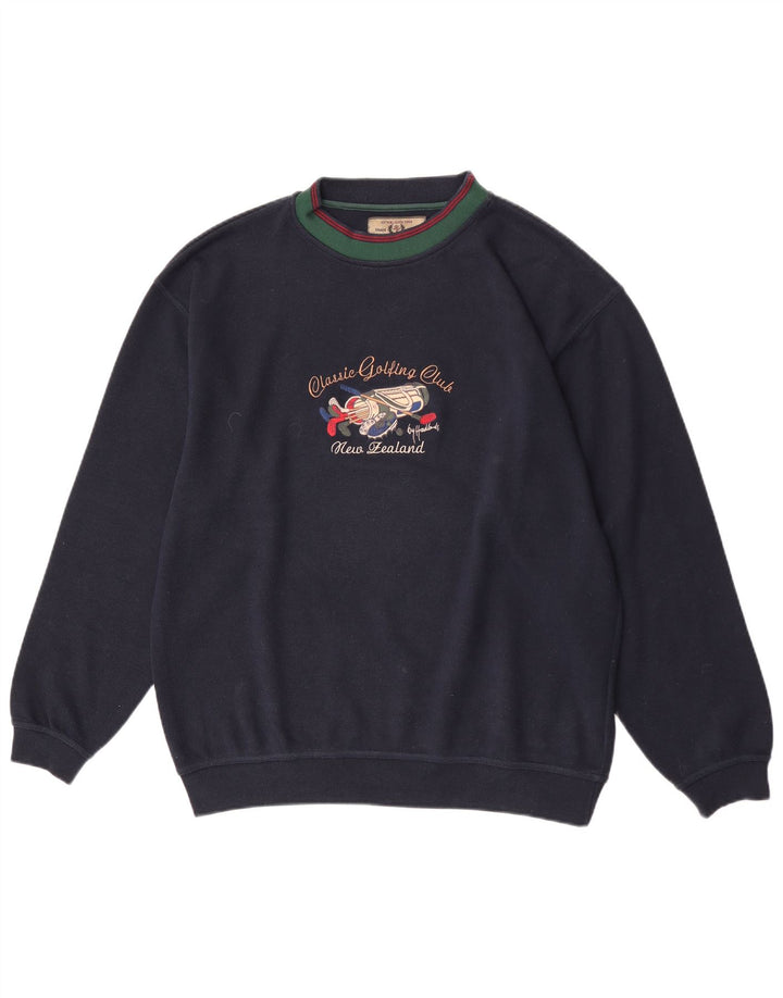 Vintage Mens Graphic Regular Fit Sweatshirt Jumper Large Navy Blue Cotton