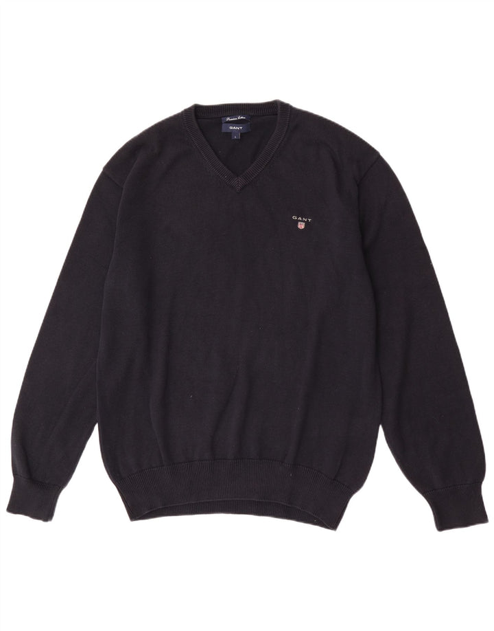 Gant Mens Regular Fit V-Neck Jumper Sweater Large Navy Blue Cotton