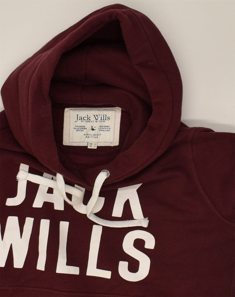 JACK WILLS Womens Loose Fit Graphic Hoodie Jumper UK 4 XS Burgundy Cotton | Vintage Jack Wills | Thrift | Second-Hand Jack Wills | Used Clothing | Messina Hembry 