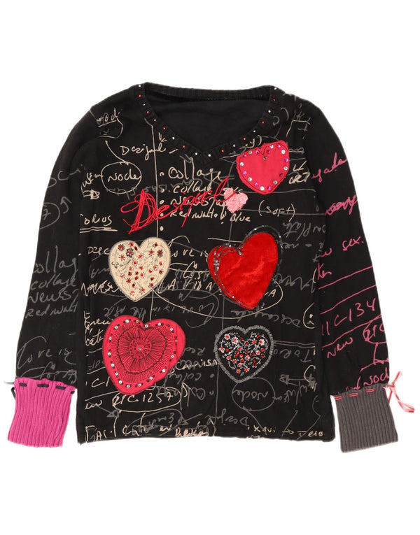 Desigual Womens Graphic Top Long Sleeve UK 18 XL Black Cotton Heart