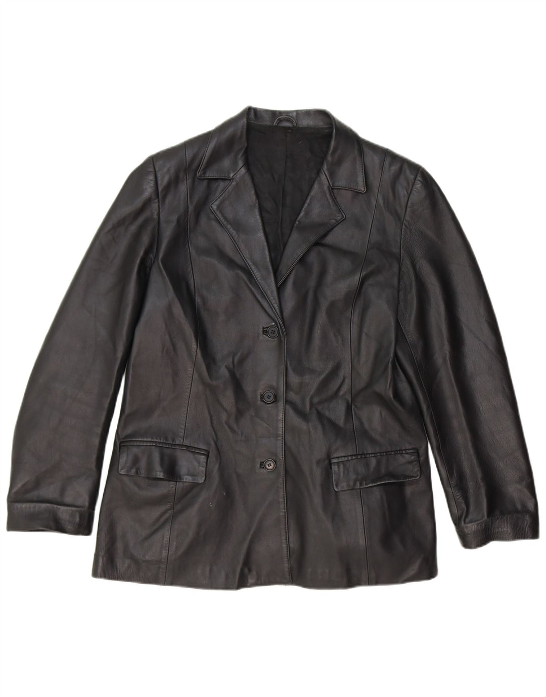 VINTAGE Womens 3 Button Leather Blazer Jacket UK 16 Large Black