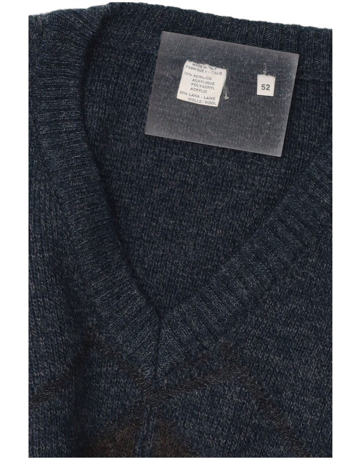 VINTAGE Mens V-Neck Jumper Sweater IT 52 Large Navy Blue Geometric