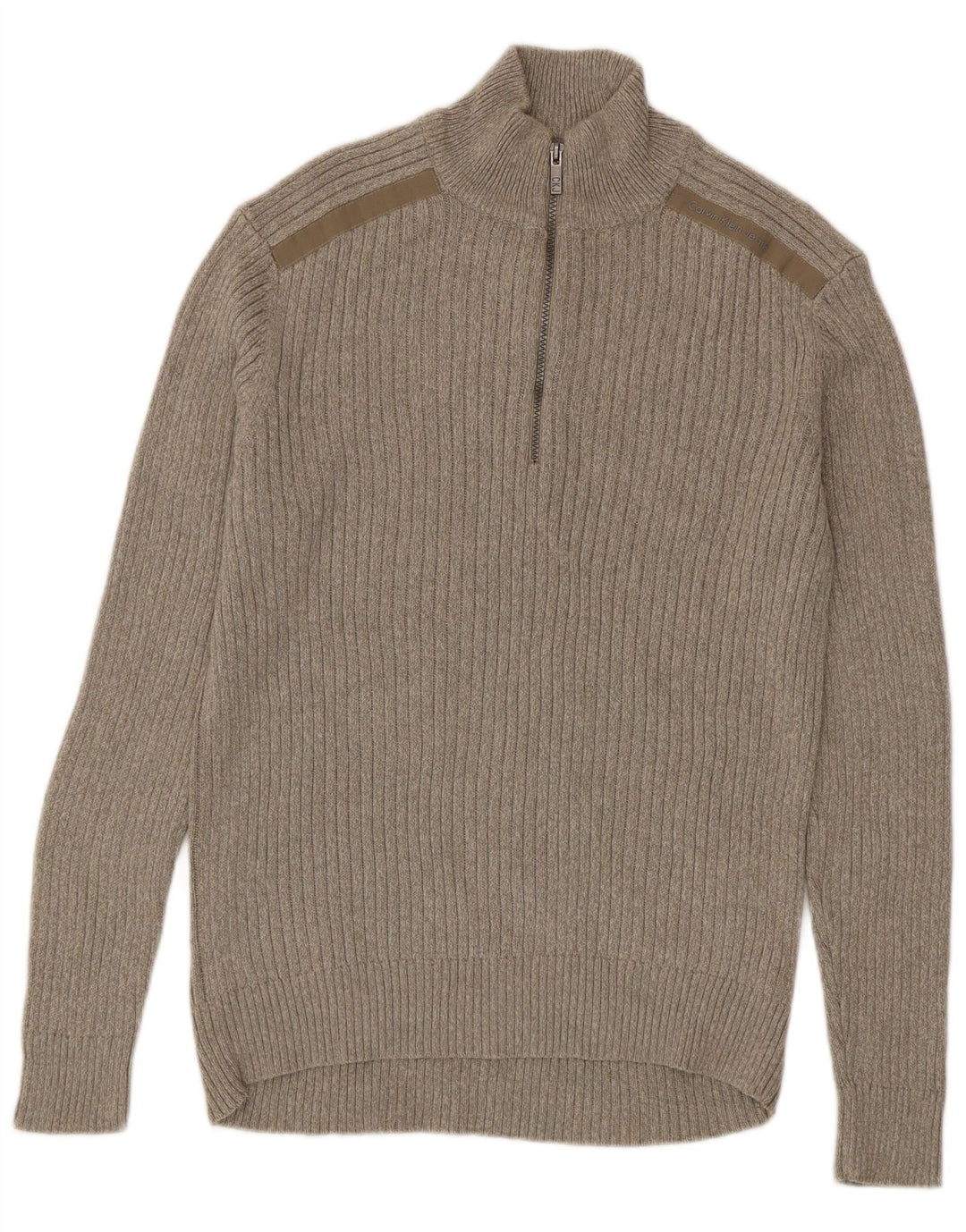 CALVIN KLEIN JEANS Mens Zip Neck Jumper Sweater Medium Beige Flecked