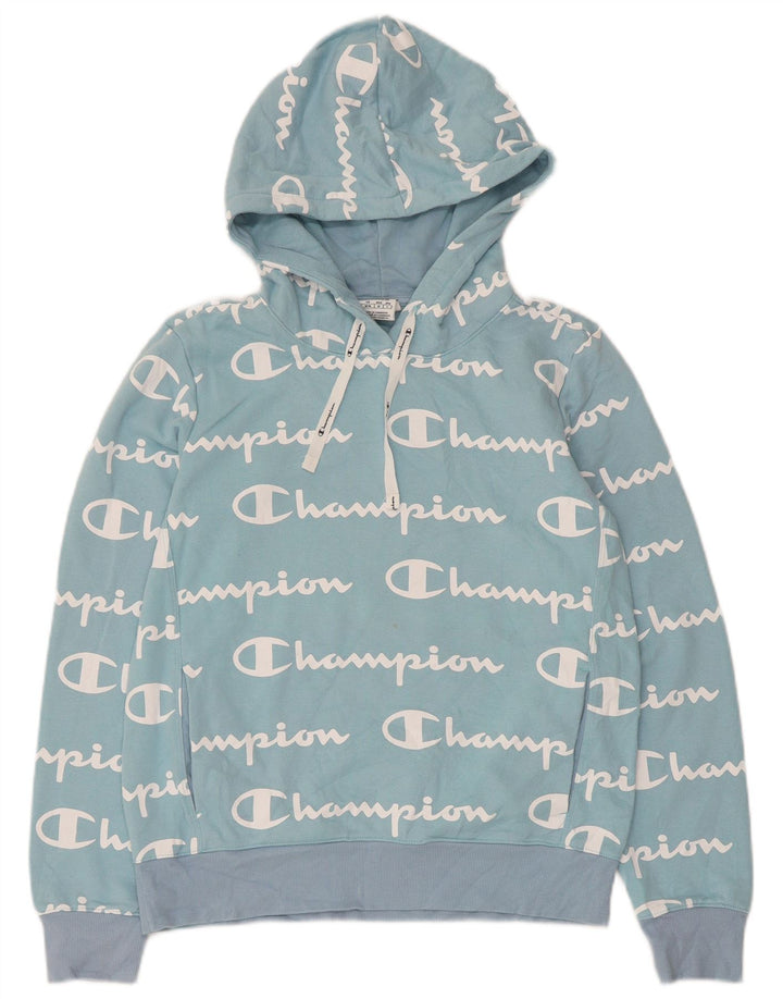 CHAMPION Womens Graphic Hoodie Jumper UK 12 Medium Blue