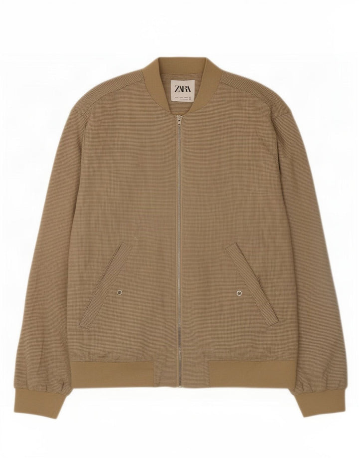 Zara Mens Bomber Jacket UK 36 Small Beige Check Polyester