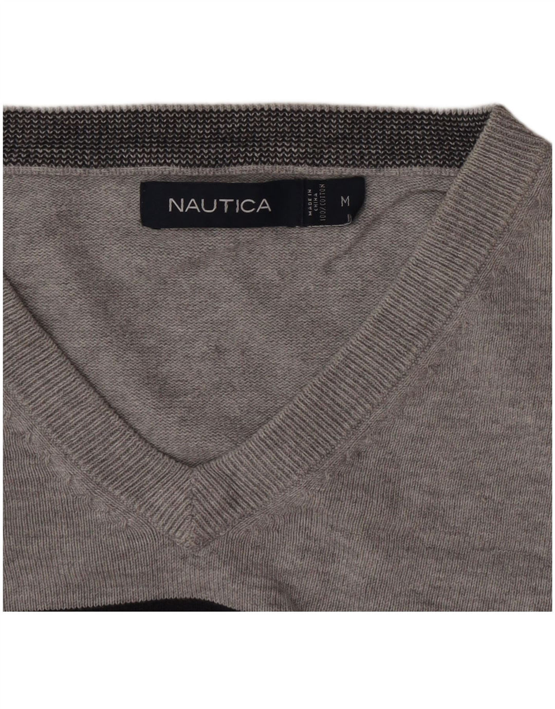 Nautica Mens V-Neck Jumper Sweater Medium Grey Striped Cotton