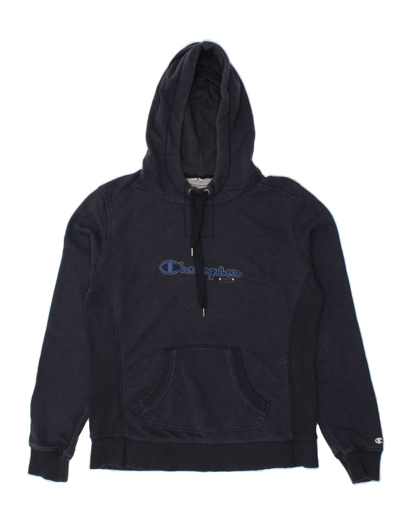 CHAMPION Womens Graphic Hoodie Jumper UK 14 Large Navy Blue Cotton | Vintage Champion | Thrift | Second-Hand Champion | Used Clothing | Messina Hembry 