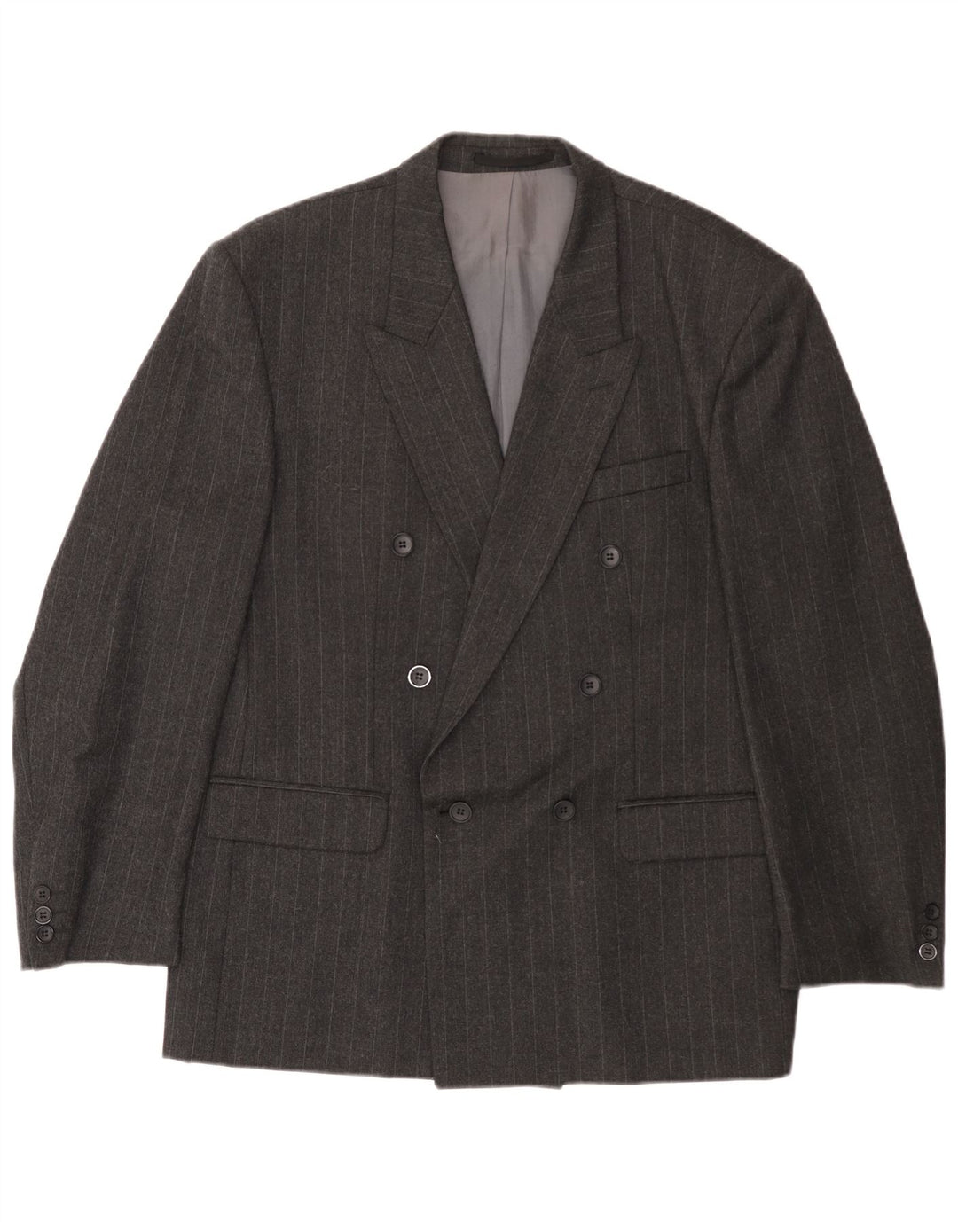 Vintage Mens Double Breasted Blazer Jacket EU 54 2XL Grey Pinstripe Wool