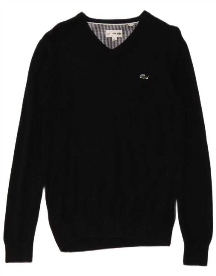 Lacoste Mens V-Neck Jumper Sweater Size 5 Large Black Cotton