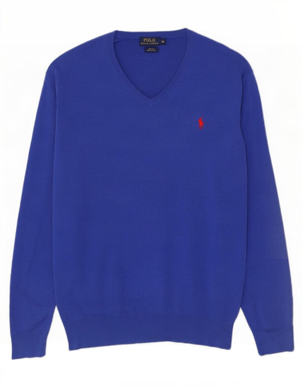 Polo Ralph Lauren Mens Slim Fit V-Neck Jumper Sweater XL Blue Cotton