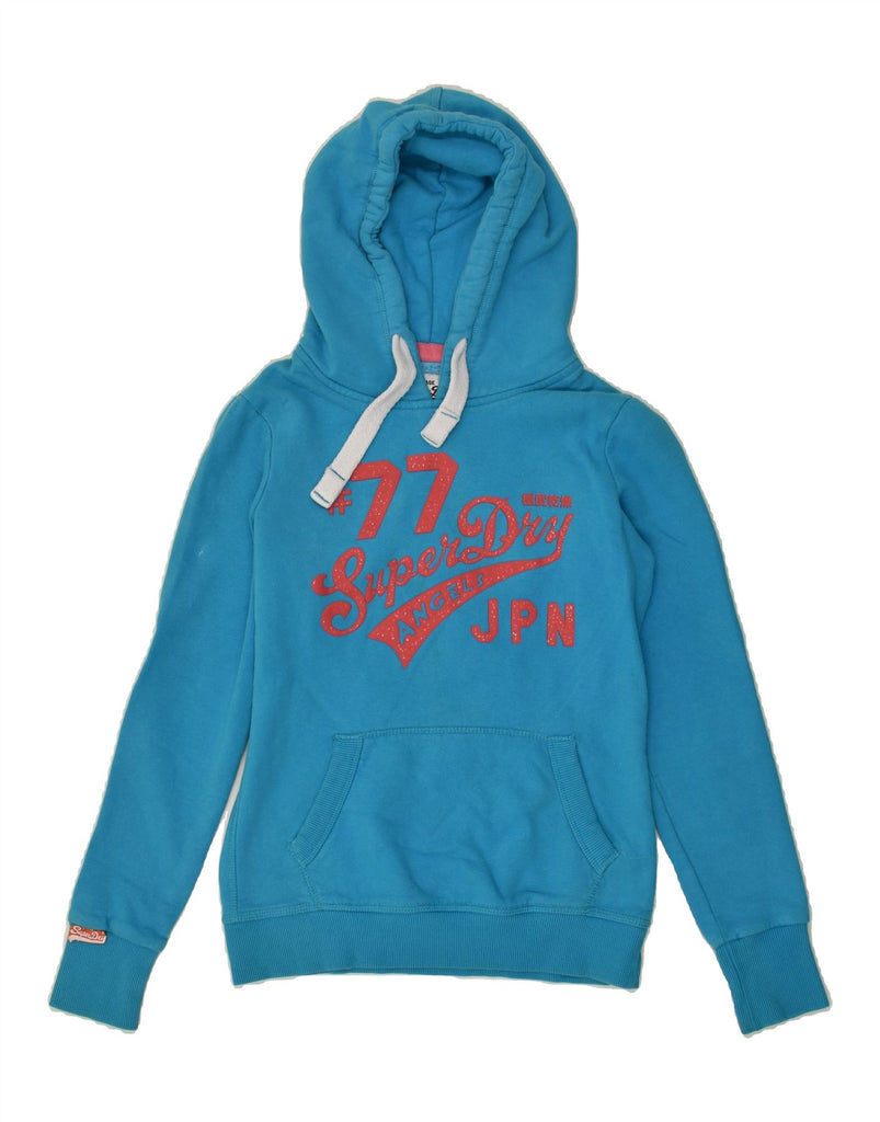 SUPERDRY Womens Graphic Hoodie Jumper UK 10 Small Blue Cotton | Vintage Superdry | Thrift | Second-Hand Superdry | Used Clothing | Messina Hembry 