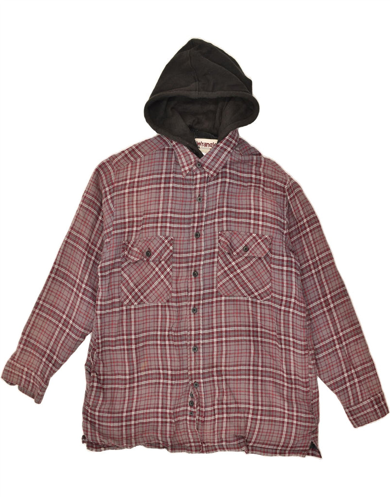 WRANGLER Mens Hooded Bomber Jacket UK 40 Large Burgundy Check Cotton | Vintage Wrangler | Thrift | Second-Hand Wrangler | Used Clothing | Messina Hembry 