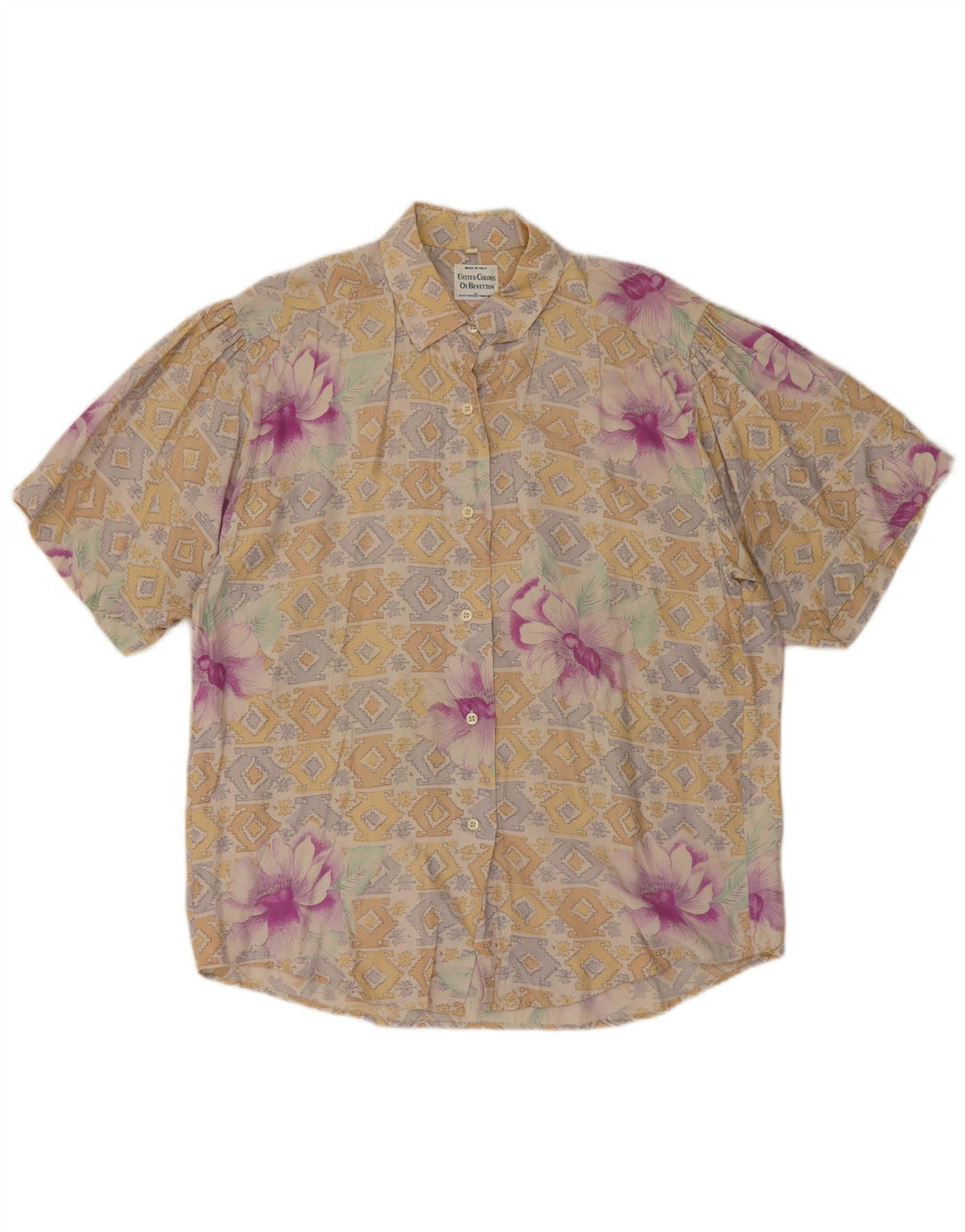 BENETTON Womens Short Sleeve Shirt Blouse IT 44 Medium Beige Floral