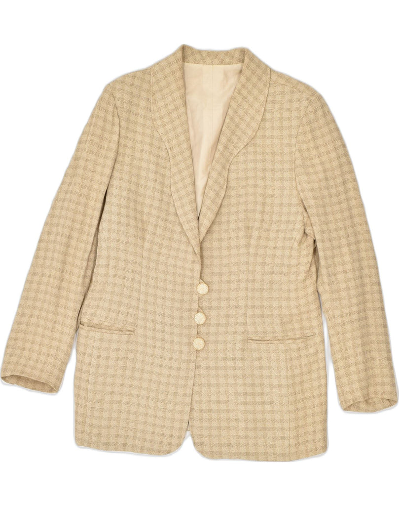 VINTAGE Womens 3 Button Blazer Jacket UK 14 Medium Beige Check Polyester | Vintage | Thrift | Second-Hand | Used Clothing | Messina Hembry 