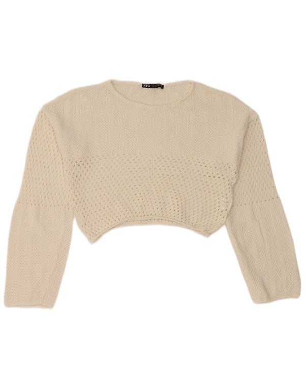 Zara Womens Crop Boat Neck Jumper Sweater UK 12 Medium White Cotton