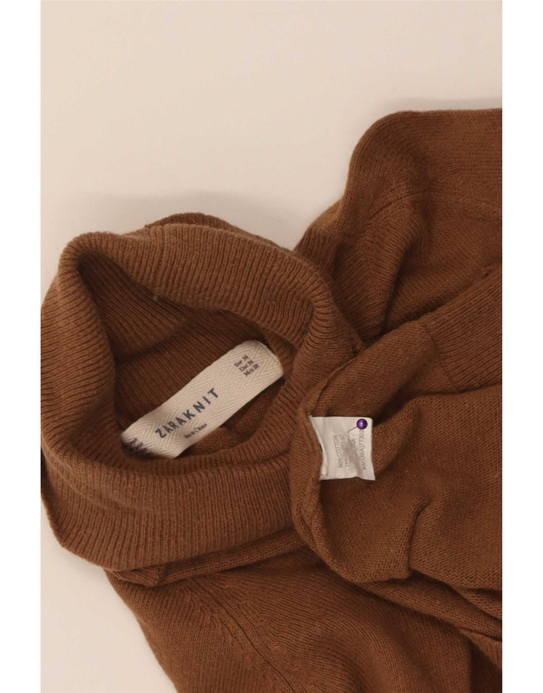 Zara Womens Roll Neck Jumper Sweater UK 12 Medium Brown Cotton
