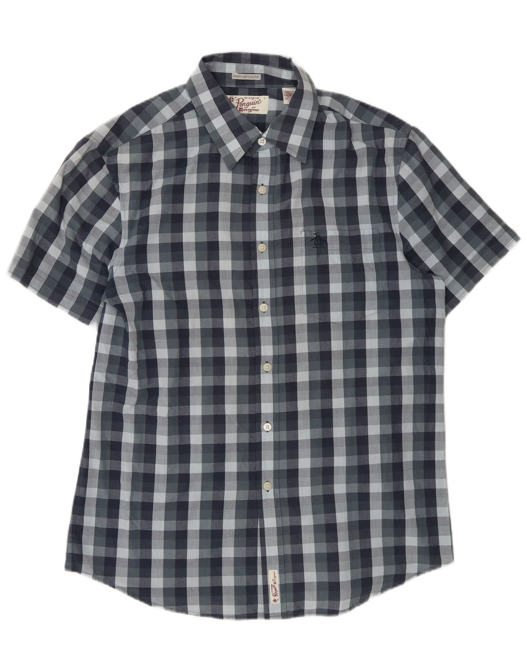 Penguin Mens Heritage Short Sleeve Slim Fit Shirt Large Navy Blue Gingham