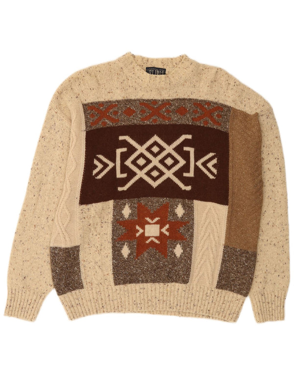 Baroni Mens Crew Neck Jumper Sweater IT 52 Large Beige Fair Isle Wool