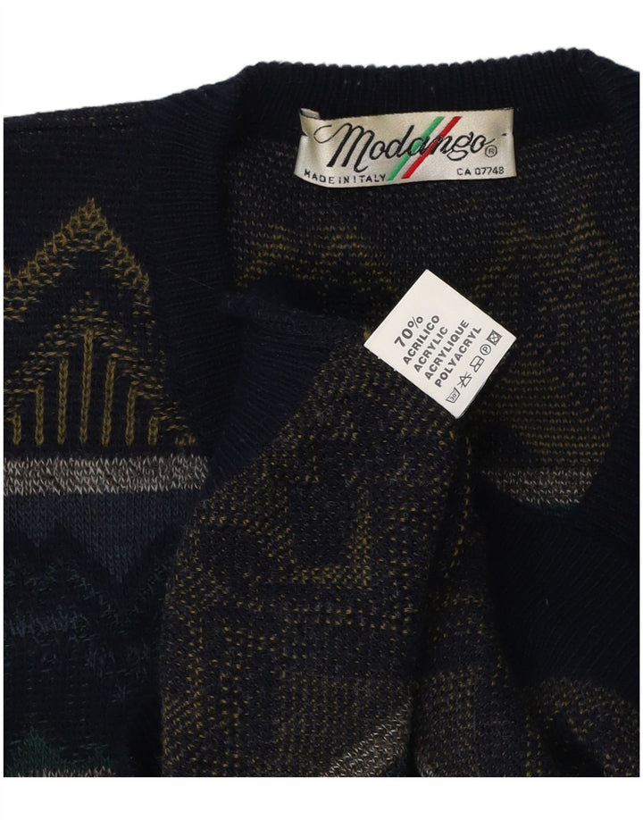 MODANGO Mens V-Neck Jumper Sweater Large Navy Blue Geometric Acrylic
