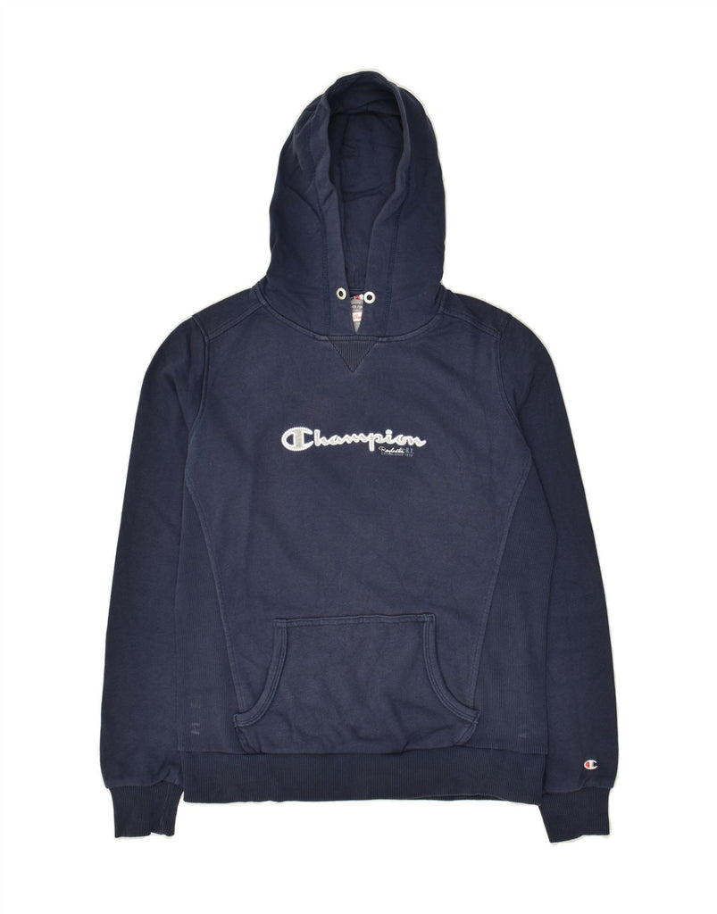 CHAMPION Womens Graphic Hoodie Jumper UK 14 Medium Navy Blue Cotton | Vintage Champion | Thrift | Second-Hand Champion | Used Clothing | Messina Hembry 