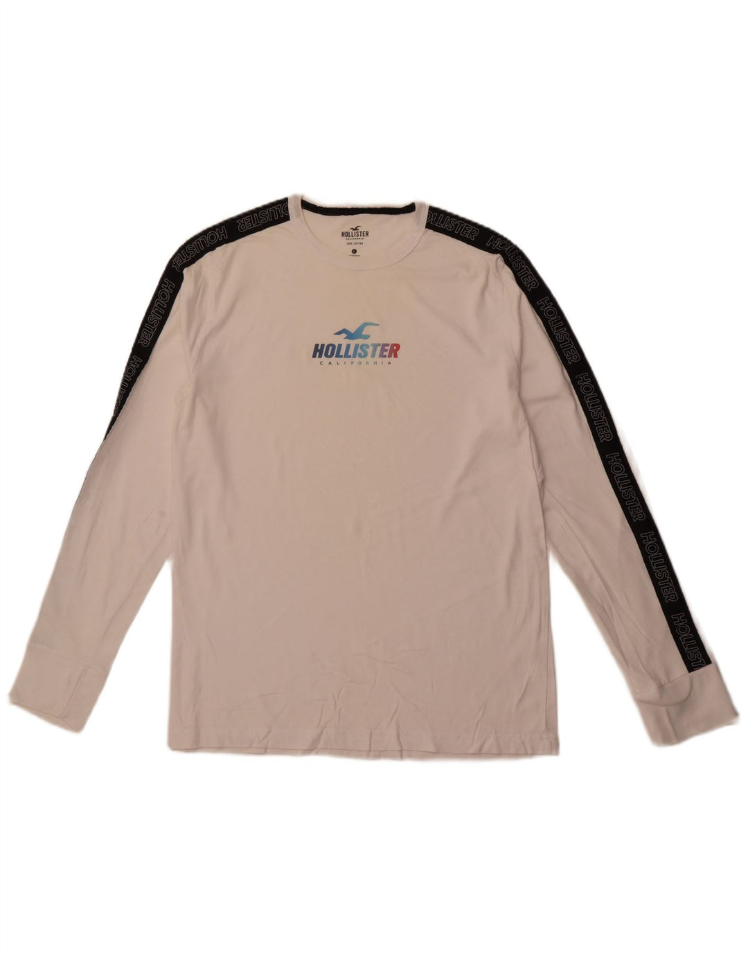 HOLLISTER Mens Graphic Top Long Sleeve Large White Colourblock Cotton