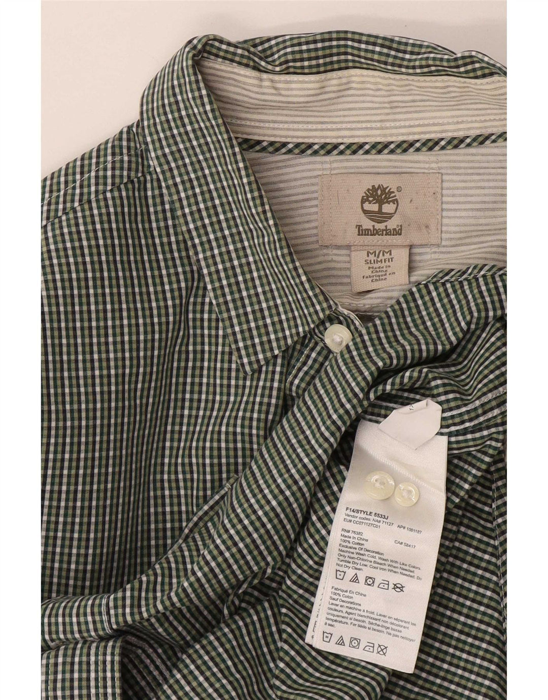 Timberland Mens Slim Fit Shirt Medium Green Gingham Cotton