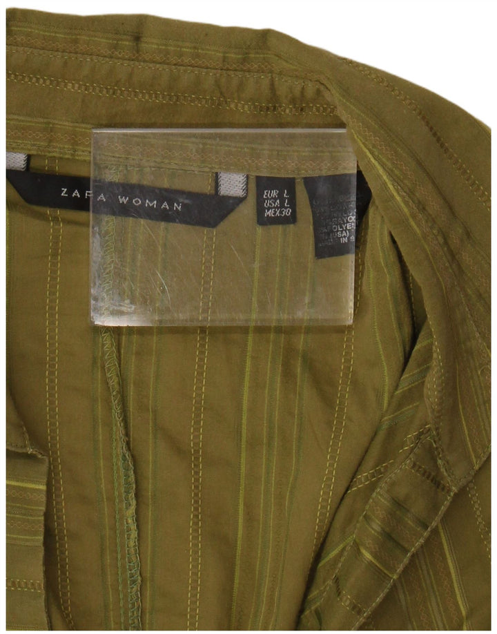 ZARA Womens Short Sleeve Pullover Shirt UK 14 Large Khaki Striped Cotton