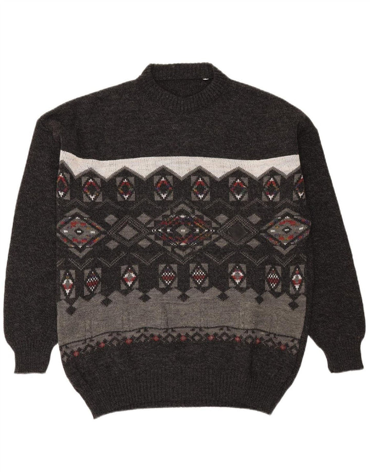 VINTAGE Mens Crew Neck Jumper Sweater IT 50 Medium Grey Argyle/Diamond