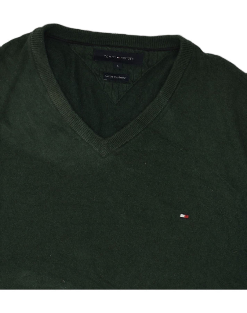 TOMMY HILFIGER Mens V-Neck Jumper Sweater Large Green Cotton | Vintage Tommy Hilfiger | Thrift | Second-Hand Tommy Hilfiger | Used Clothing | Messina Hembry 