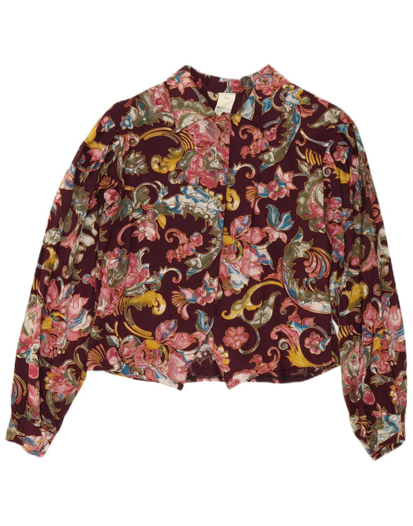 Vintage Womens Shirt Blouse UK 10 Small Burgundy Floral Viscose