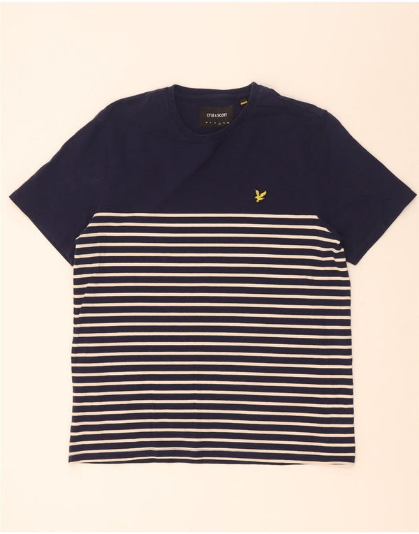 Lyle & Scott Mens T-Shirt Top Large Navy Blue Striped Cotton