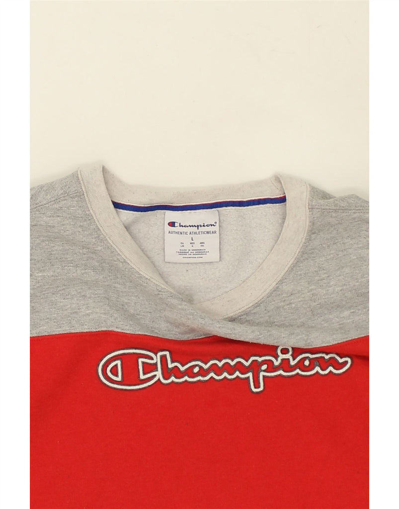 CHAMPION Womens Graphic Sweatshirt Jumper UK 16 Large Red Colourblock | Vintage Champion | Thrift | Second-Hand Champion | Used Clothing | Messina Hembry 