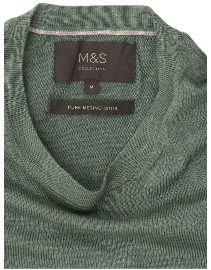 Marks & Spencer Mens Crew Neck Jumper Sweater Medium Green Merino Wool